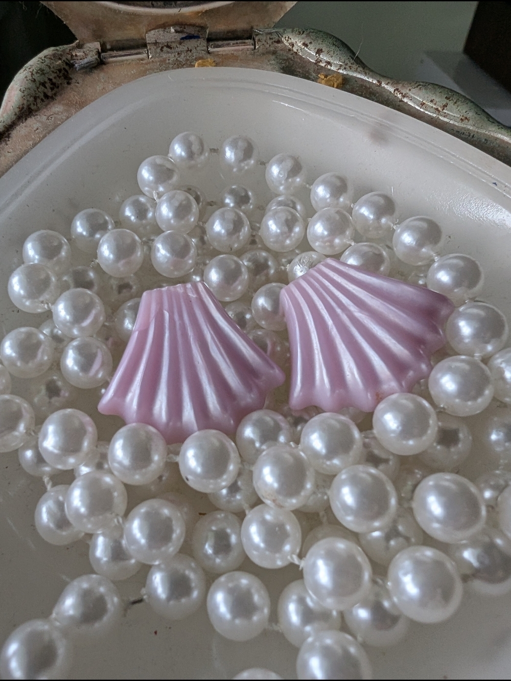 Vintage Pink Shell Shaped Earrings with Pearl Accents Screw Back Earrings